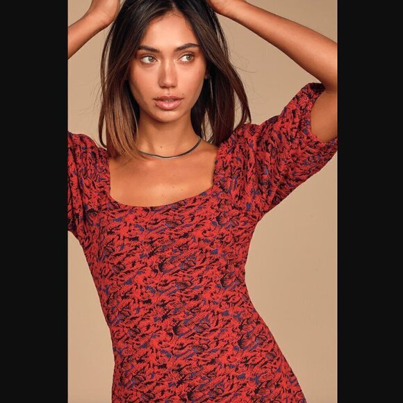 Free People Sunset Mini Dress L NWT Red Multi Print Puff Sleeve Bodycon Stretch - Picture 5 of 11